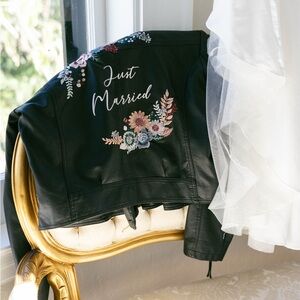 Embroidered “Just Married” leather jacket size XL
